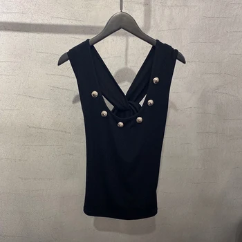 

Button Tank Top Women Fashion Cross Back Sleeveless Tank Tops Causal O Neck Solid Tops