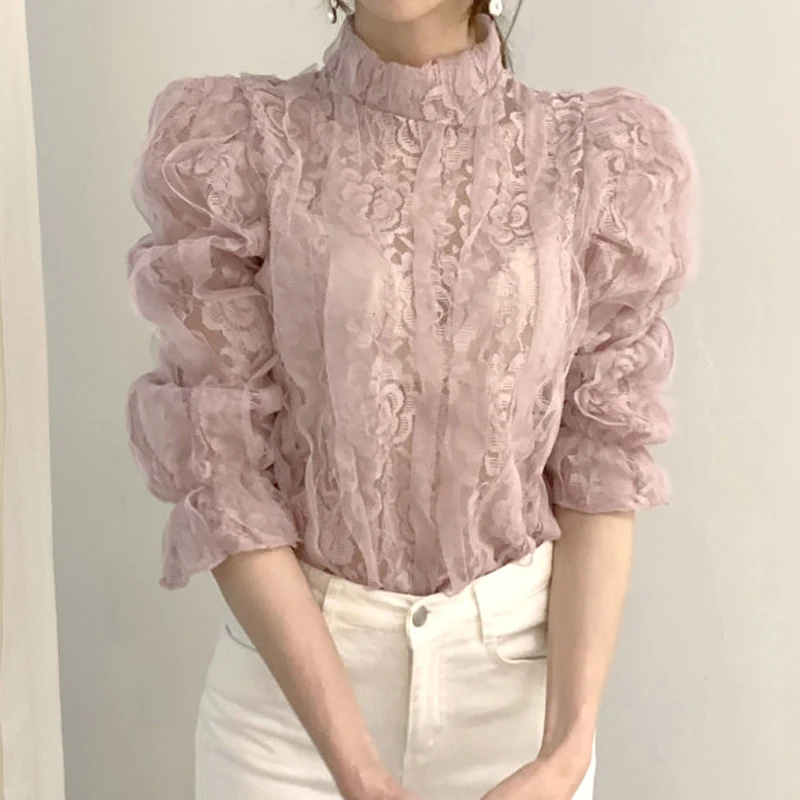 Элегантная женская кружевная пикантная прозрачная блузка с воротником-стойкой