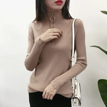

Solid Zipper Turtleneck Knitted Women Sweaters And Long Sleeve Sweet Pullovers Sueter Mujer Tops Casual Winter Jumper