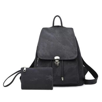 

2 Pieces / Set Of Ladies Backpack Pu Shoulder Leather Ladies Backpack Imitation Denim Pattern Suit Backpack Travel, Black
