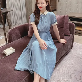

2020 Summer Women Sweet Pleated Midi Long Dress Korean OL Short Sleeve Turn-Down Collar Girls Casual Office Dress Vestidos