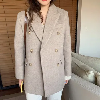 

New Chic Woolen Women Jacket Office Lady Work Coat Ladies Double Breasted Outerwear Tops