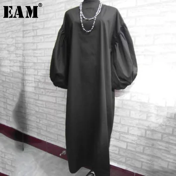 

[EAM] Women Black Brief Long Big Size Dress New Round Neck Lantern Sleeve Loose Fit Fashion Tide Spring Autumn 2020 OB180