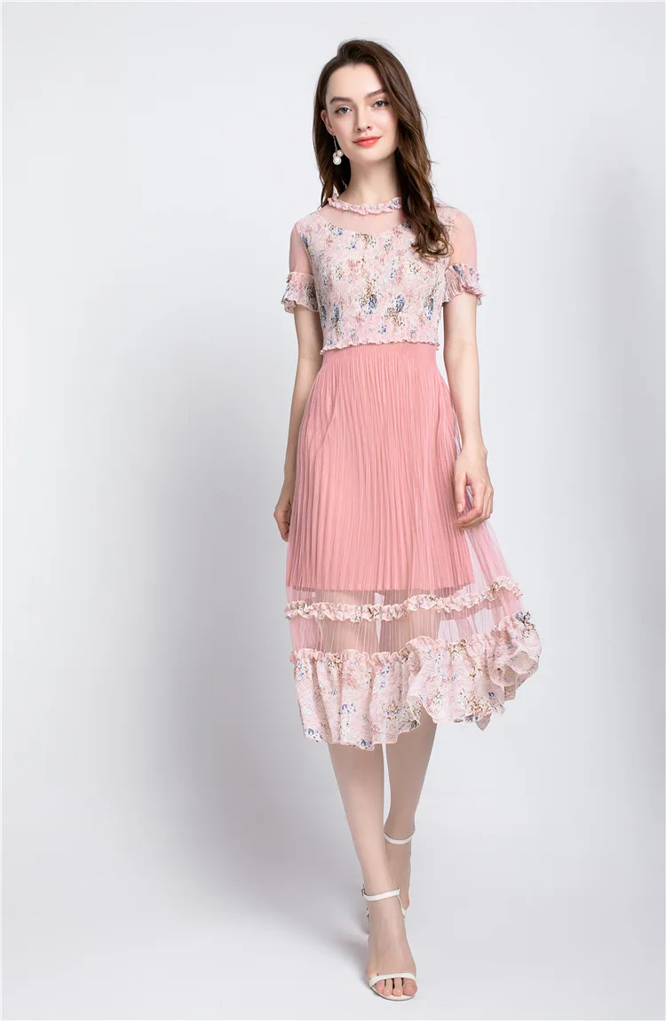 Mesh Patchwork Print Dress Pleated Short Sleeves Knee-Length O-Neck Women Dresses Autumn Plus Size Floral Elegant Dress