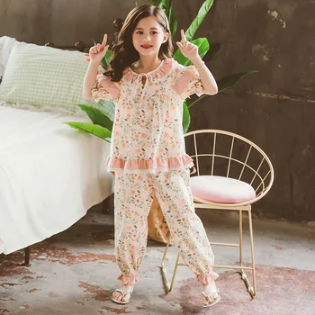 

Summer Girls Pajamas Cotton Pyjamas Kids T-shirt+Pants 2pcs Cartoon Pajamas for Floral Short Sleeve Sleepwear Nightwear Clothes