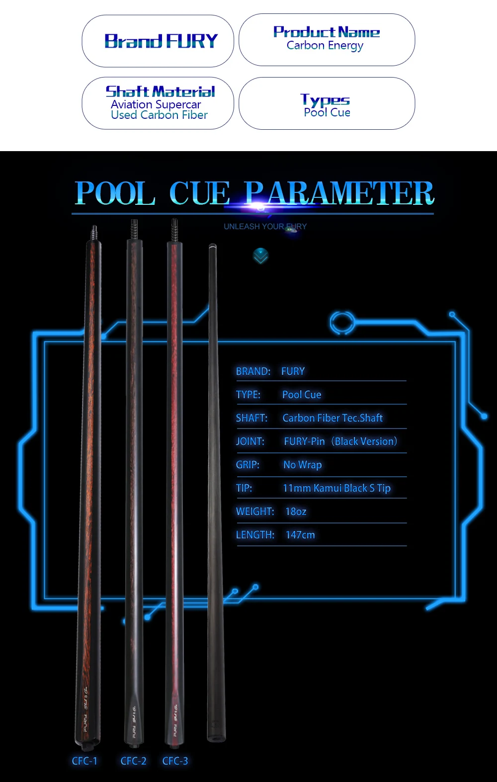 Официальный магазин FURY CFC снукер кия 11 мм KAMUI наконечник углеродное волокно технология вал Billiared cue углеродная технология для черный 8