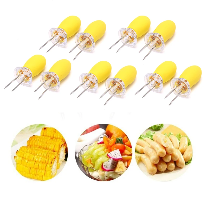 1pair/5pairs Corn Holders Anti-hot Handle Portable BBQ Meat Skewers Forks Tool Stainless Steel Pin Plastic for Kitchen Outdoor
