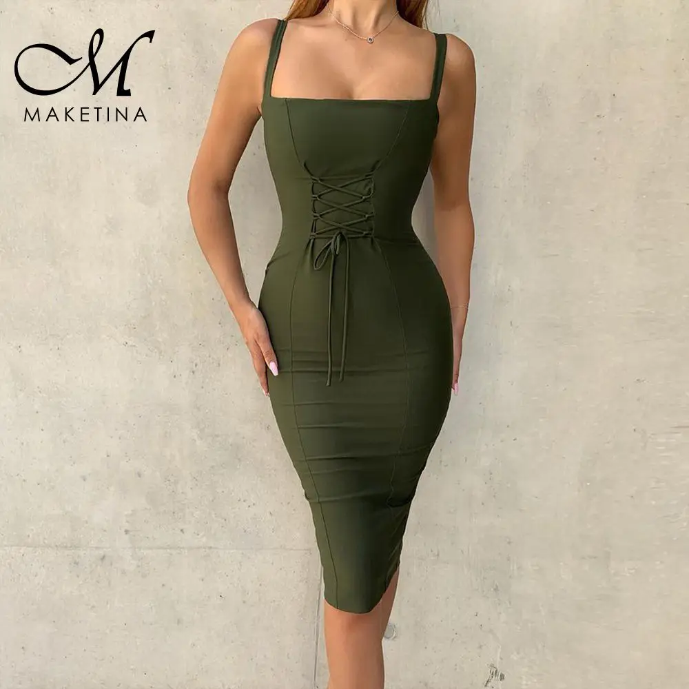 

Maketina New Arrival 2019 Women Bandage Dress Strapy Sleeveless Green Bandage Dress Summer Bodycon Lace Up Bandage Dress