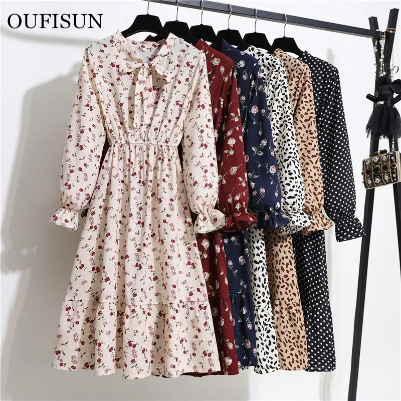 

New Chiffon Summer Dress Women Bow Spring Small Floral Long Sleeve Polka Elastic Waist Leopard Vintage Pleated Collar Vestidos