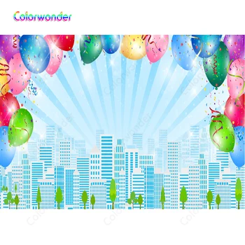 

Colorful balloon city photography background for baby shower girl 1st birthday party backdrops vinyl backgrounds for props