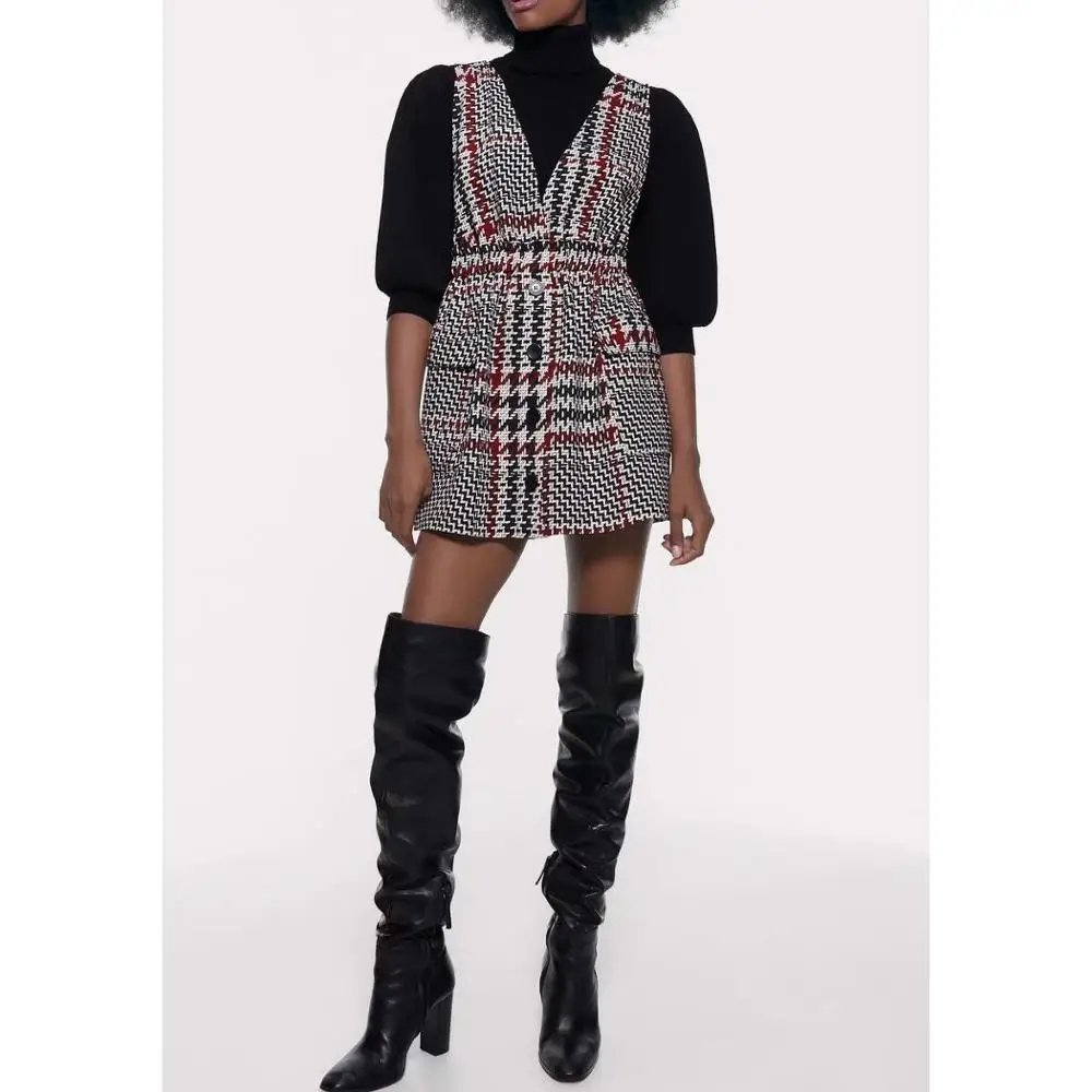 

women winter vintage plaid vest dress 2020 fashion girls ladies buttons V-neck vestido female autumn casual stylish mini dresses