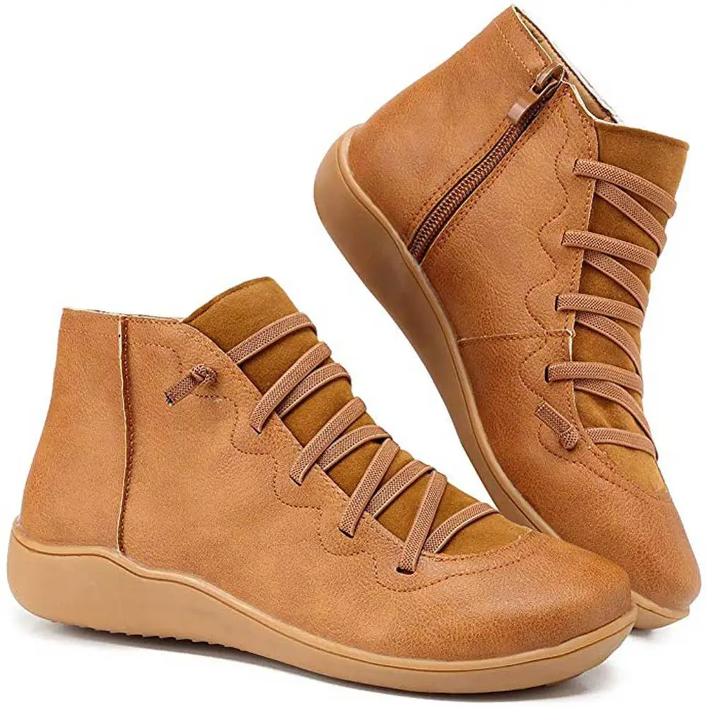 Zapatos tobilleros de piel sintética para mujer, botas con cordones y correa cruzada, para primavera y otoño, WJ003