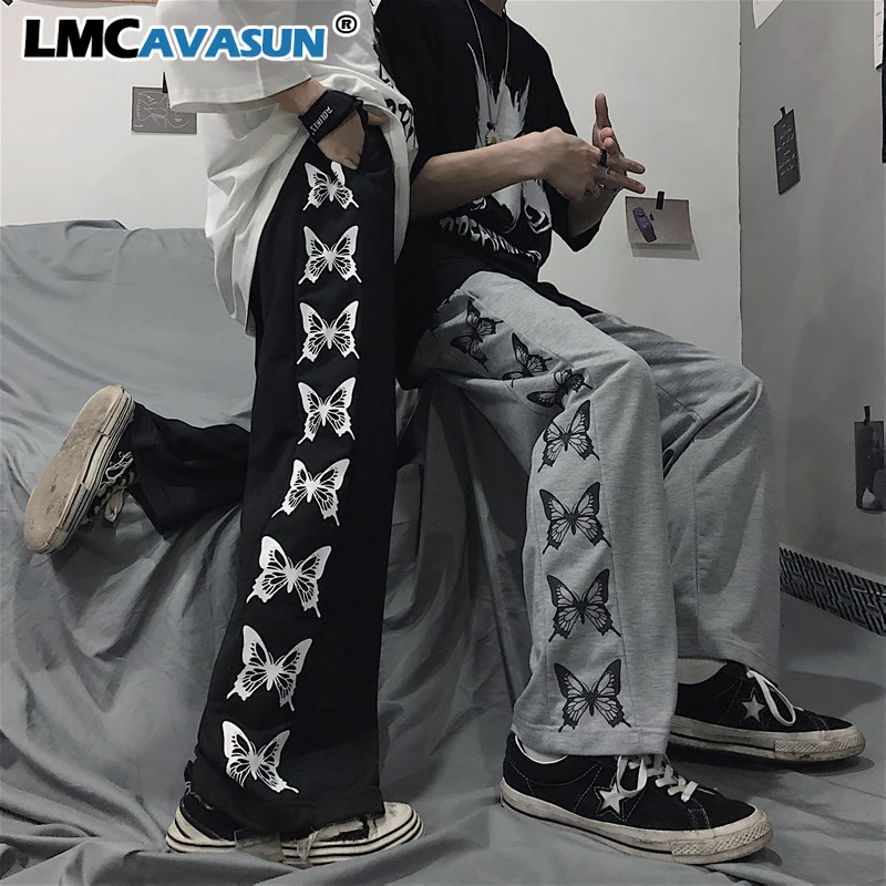 LMCAVASUN с принтом бабочки Свободные повседневные Прямые брюки для женщин Харадзюку