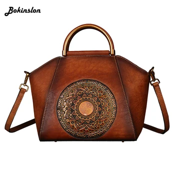 

Bokinslon Handbag Shoulder Bag Fashion Women's Embossed Split Leather Cowhide Retro Brushed Crossbody Bag Ladies