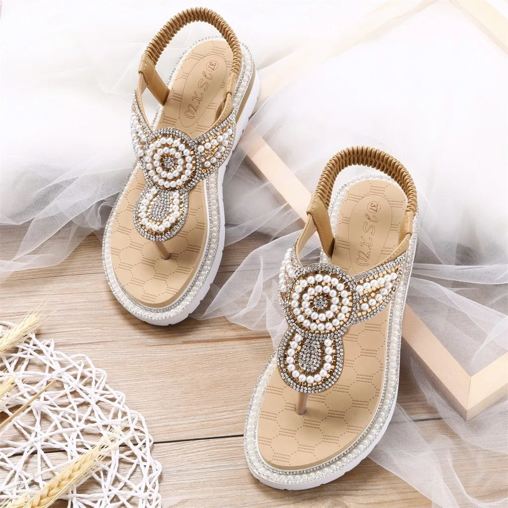 

Flat shoes for women summer sandalen women Classics Round Toe sandals String Bead beach Slip-On