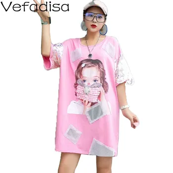 

Vefadisa Character Child Print Women T-shirt 2020 Summer Sequin Short Sleeve Top Plus Size Women T-shirt Black White QYF2582