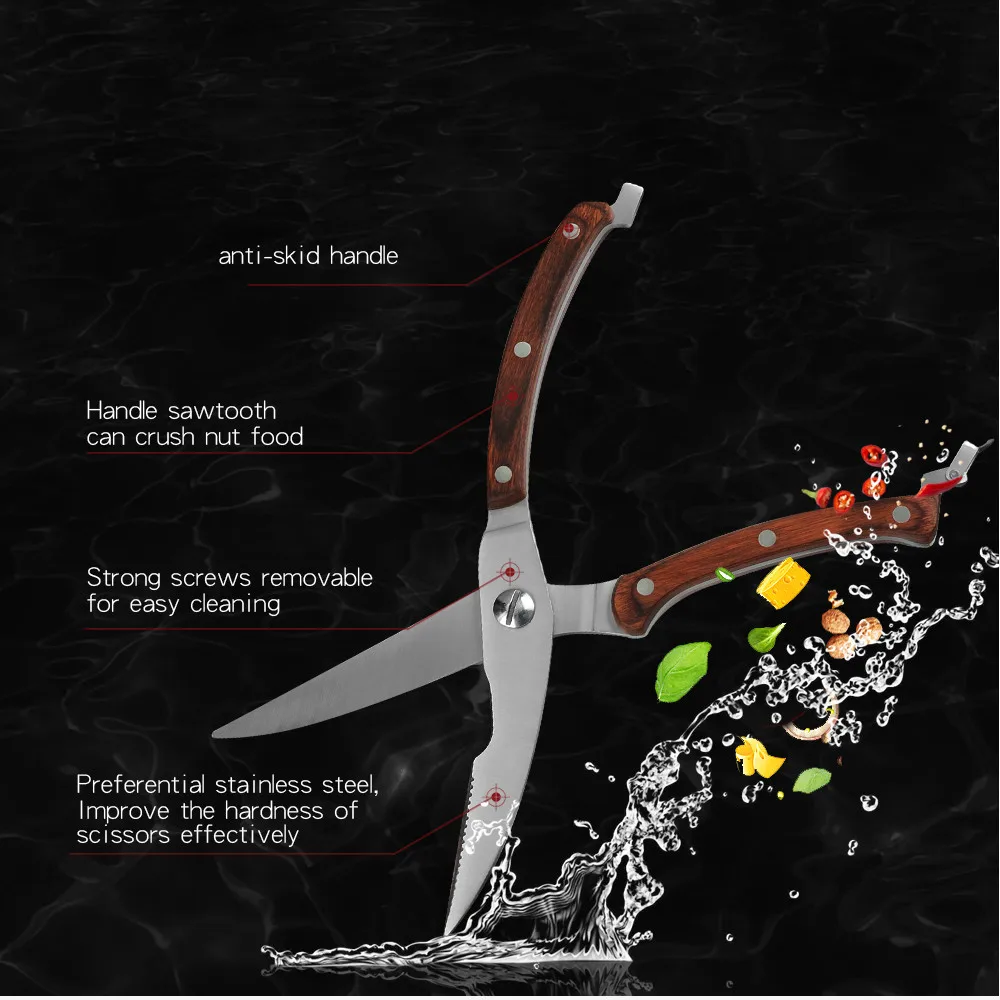不锈钢深红色木柄尾带锁手柄鸡骨剪_05