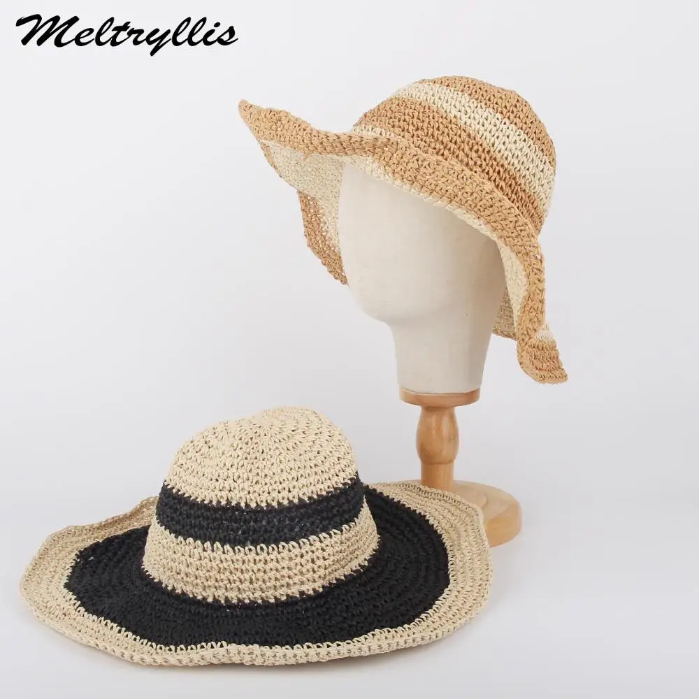 

[Meltryllis] Foldable Breathable Hat Holiday Outdoor Visor Wide Side Hats For Women's Fashion Hand Made Contrast Color Sun Hat
