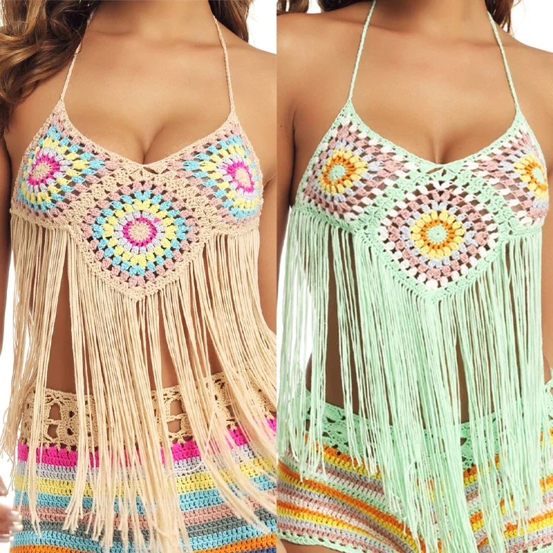 

Women Tassel Crochet Knitted Halter Slim Bikini Top Swimsuit Tops Bohemia Swimwear Sexy Handmade Crochet Bikini Cotton Cover Top