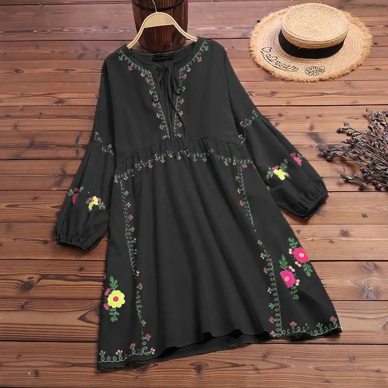 Женская летняя блузка с принтом ZANZEA богемные Vestidos Повседневная рубашка с длинными рукавами с пышными рукавами Blusa женский халат большого размера с v-образным вырезом - Цвет: Черный