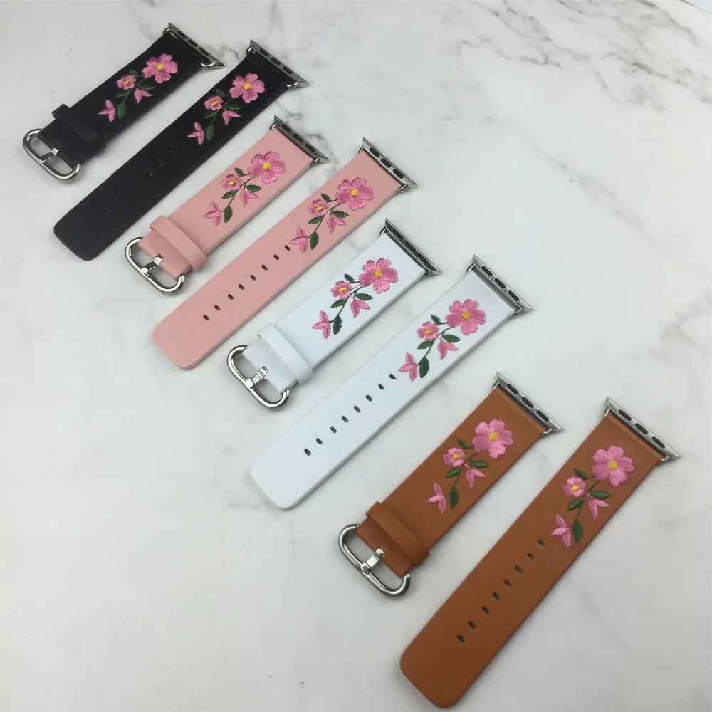 New Rose Flower Embroided Genuine Leather Watch Band woman for Apple Watch 42/38mm iwatch Strap Belt Wristwatch Loop Bracelet