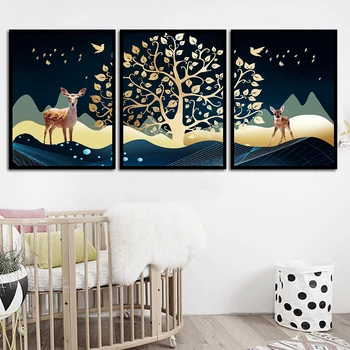 

Abstract Big Golden Tree and Plum Fawn 3p KIT Canvas Painting Modern Home Decoration Living Room Bedroom Wall Decor Picture