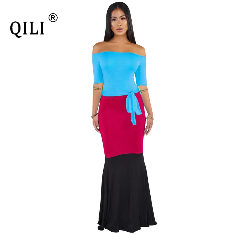 QILI женское платье с коротким рукавом Пэчворк с открытыми плечами Boho Длинные Макси платья женские s Бандажное платье Bodycon - Цвет: Синий