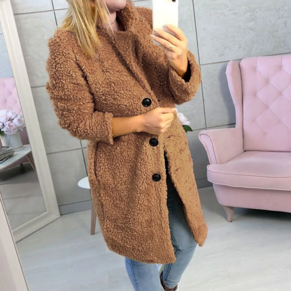 

2019 New Women's Fashion Long Sleeve Lapel Coat Jacket Soft Warm Autumn Winter Female Buttons Solid Long Outwear Tops