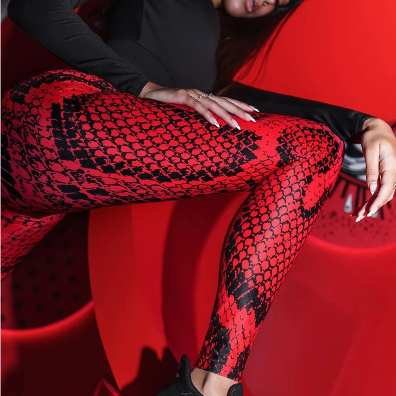 Горячее предложение! Качественные красные женские леггинсы со змеиным принтом, женские леггинсы для фитнеса с эффектом пуш-ап, спортивные тонкие джеггинсы, высокие эластичные леггинсы с 3D принтом