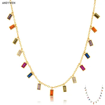 

ANDYWEN 925 Sterling Silver Colorful Zircon Charms Rainbow Chain Choker Long Neckalce Fashion Women European Party Fine Jewelry