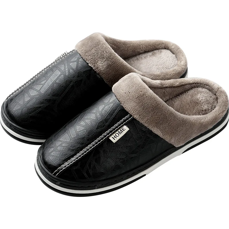 Шлепанцы с пенным наполнителем с эффектом памяти для мужчин; большие размеры 45-49; теплые Нескользящие зимние кожаные домашние тапочки; Мужская Высококачественная обувь для дома - Цвет: Black