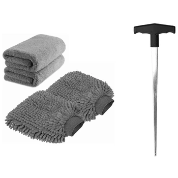 

Large Size Car Wash Mitt Microfiber Towels - Lint Free (2X Towels + 2X Mitt) with T-Beam Index Cable Car Repair Tool