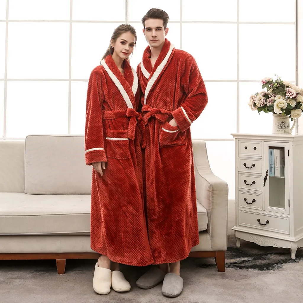 Couples Bathrobe Men Sleepwear Winter Lengthened Bathrobe Splicing Home Clothes Long Sleeved