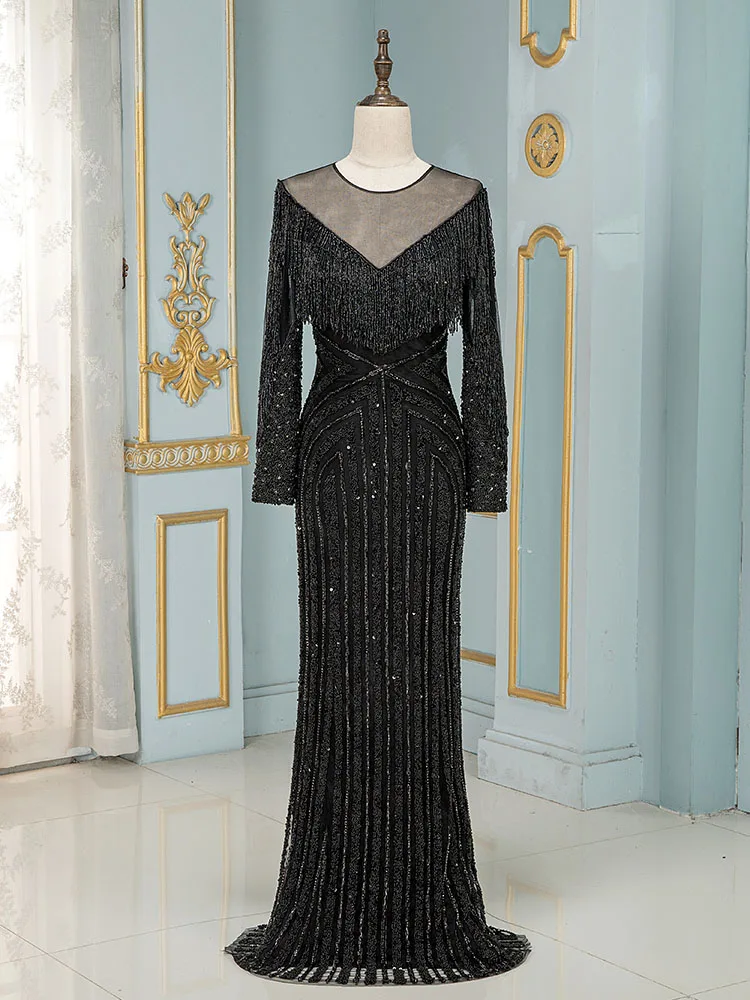 YQLNNE Кутюр Черные кристаллы вечернее платье с длинным рукавом Русалка вечернее платье Robe De Soiree