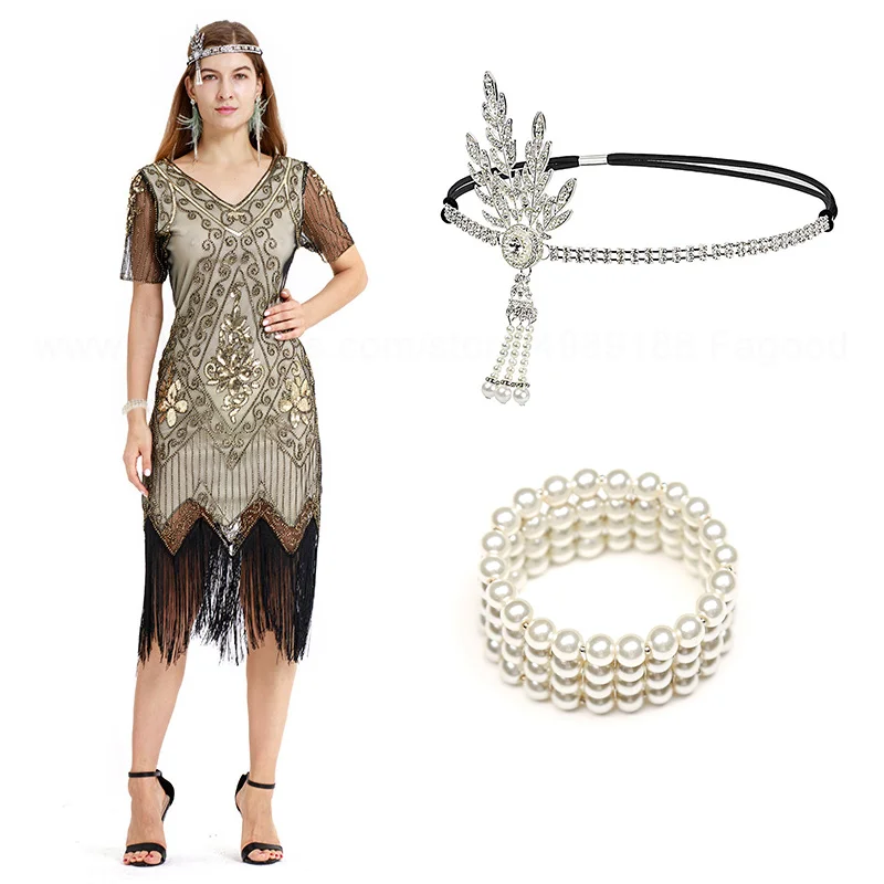 

1920s Flapper Great Gatsby Dress Roaring 20s Costume Fringe Sequin Beaded Dress and Embellished Art Deco Dress Accessories XXXL
