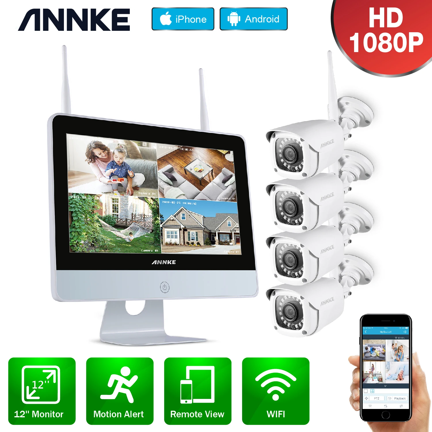 Камера видеонаблюдения ANNKE 8 каналов 1080P HD Wi Fi беспроводная NVR ЖК экран 12 дюймов