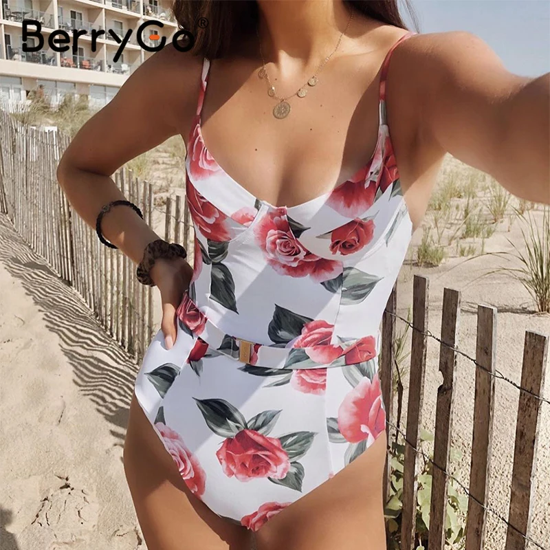 

BerryGo Sexy flower print bikini one piece High cut strap women swimsuit Belt push up summer beach swimwear bodysuits monokini