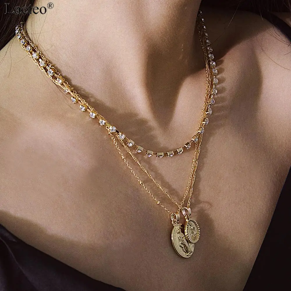 

Lacteo Vintage Multi Layer Carved Coin Virgin Mary Pendant Necklace Women Fashion Golden Rhinestone Collar Chain Choker Necklace