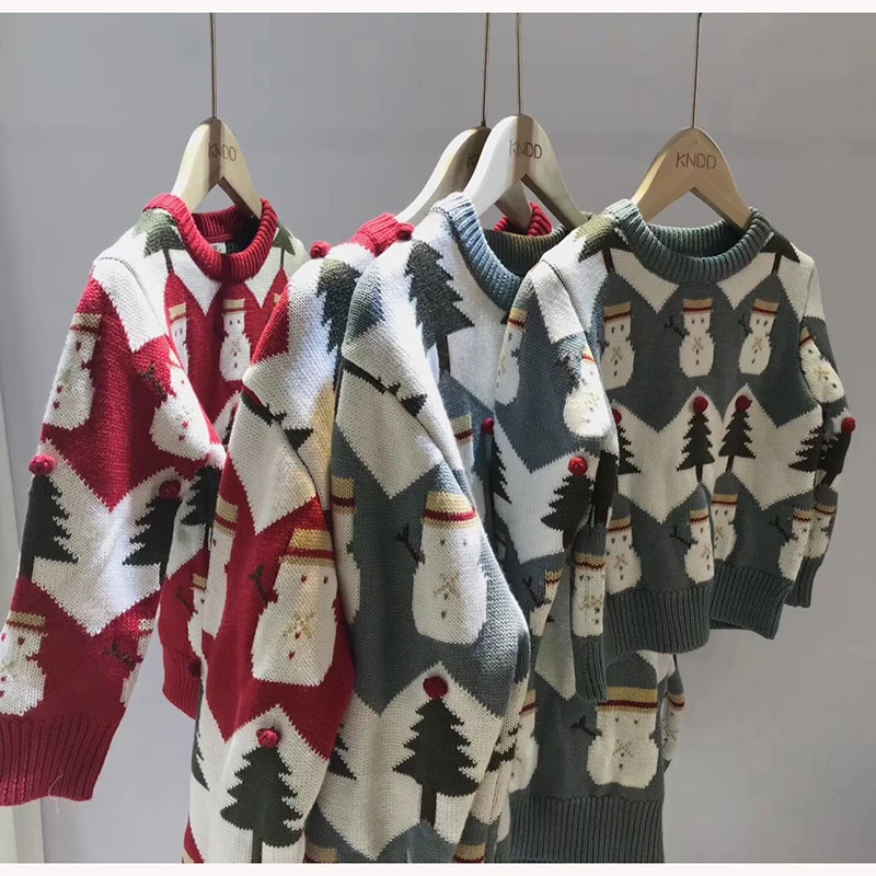 Рождественский свитер для маленьких девочек; детская одежда; сезон осень-весна; трикотажный пуловер для мальчиков; свитер со снеговиком; вязаный свитер