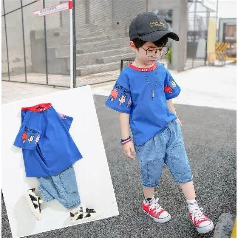 

BOY'S Suit Summer Korean-style Handsome 2019 New Style 4-Year-Old CHILDREN'S Short-sleeved Clothes Male Baby Summer Wear Cowboy