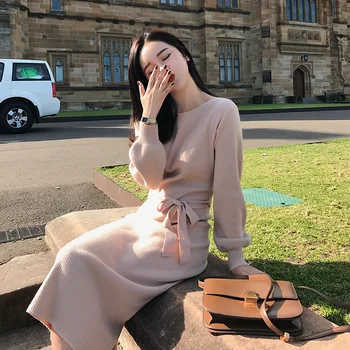 

2019 Autumn Winter Women Fashion Korea Style Round Neck Knitting Casual Lace Up Long Sleeve Solid Color Basic Sweet Female Dress
