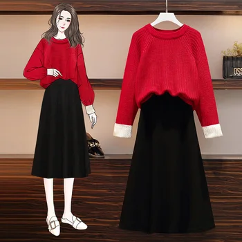 

Plus Size Spring Women Knitted Set O Neck Sweater Top & Knit Skirt Women Set Back Split Women Knitted Set Spring Outfit