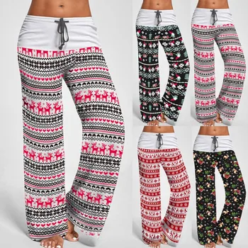 

Y5Christmas Pants For Women Trousers Autumn Print Loose Wide Leg Loose Elastic High Waist Tie Straight Casual Pants Y5