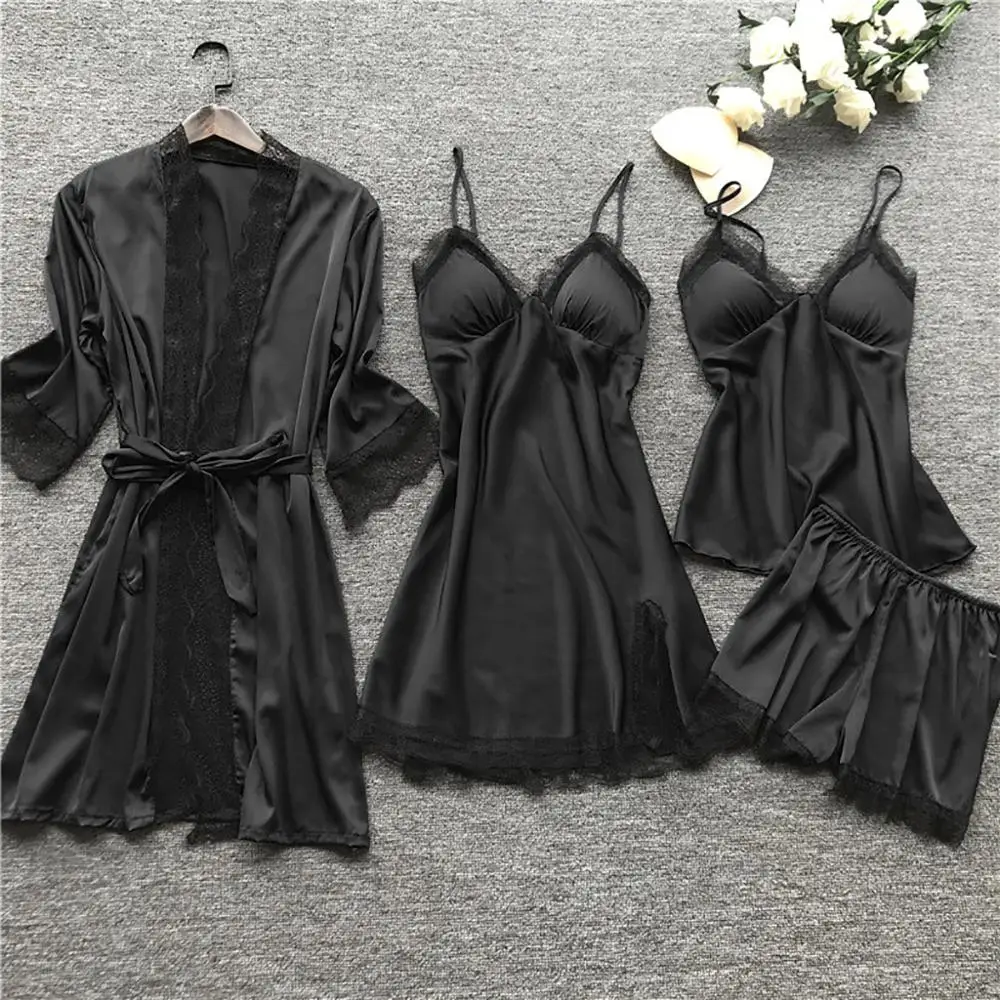 Sexy Lingerie Set Women's Silk Robe Sets Lace Bathrobe+Nightdress+Pajamas Set 4PCS Sleepwear