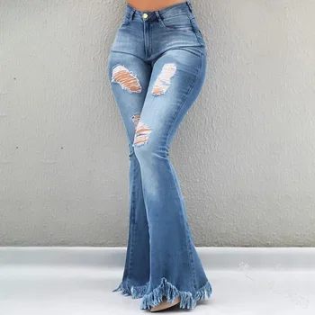 

2020 New Denim Pants High Waist Hole Raw Edge Fringe Flare Jeans All-match Fashion