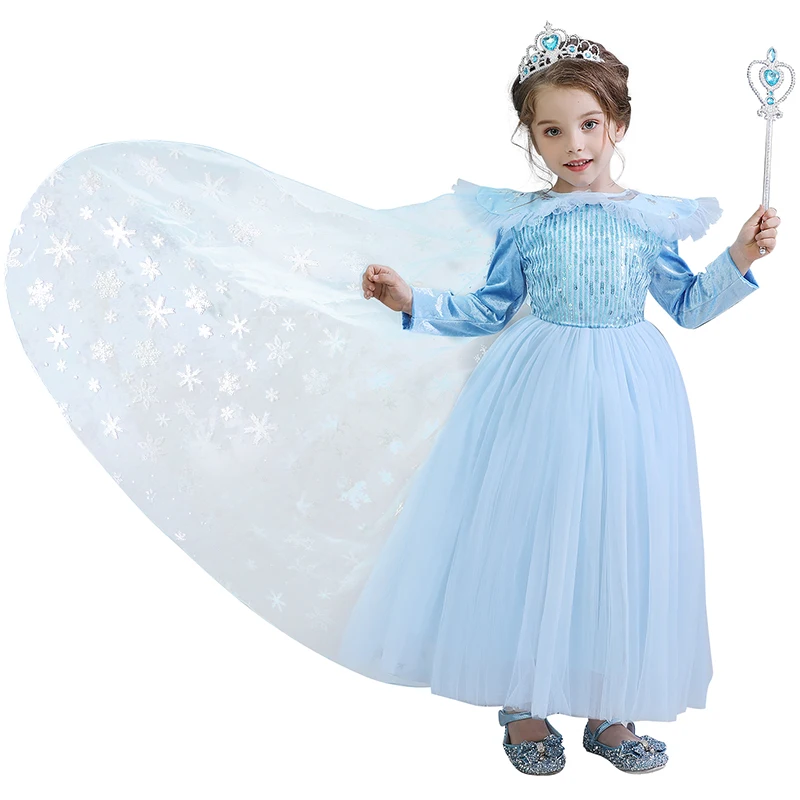 С изображением Анны и Эльзы 2 новое платье принцессы для девочек на Хеллоуин, Косплэй костюм зимняя одежда с длинными рукавами, с изображением принцессы Эльзы детское костюм для маленьких девочек, Vestidos 4 6 8 10 лет - Цвет: D2095-Blue