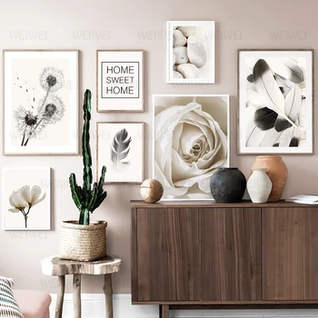 

White Rose Flower Feather Dandelion Wall Art Canvas Painting Nordic Posters And Prints Plant Wall Pictures For Living Room Decor
