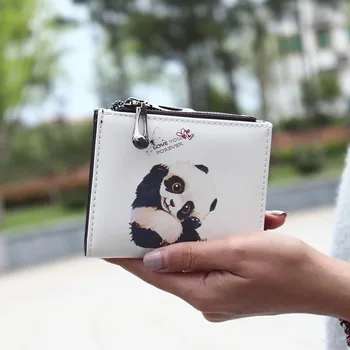 

Cartoon Cute Double Zipper Fold Buckle Short Ladies Purse PU Leather Panda Print Wallet