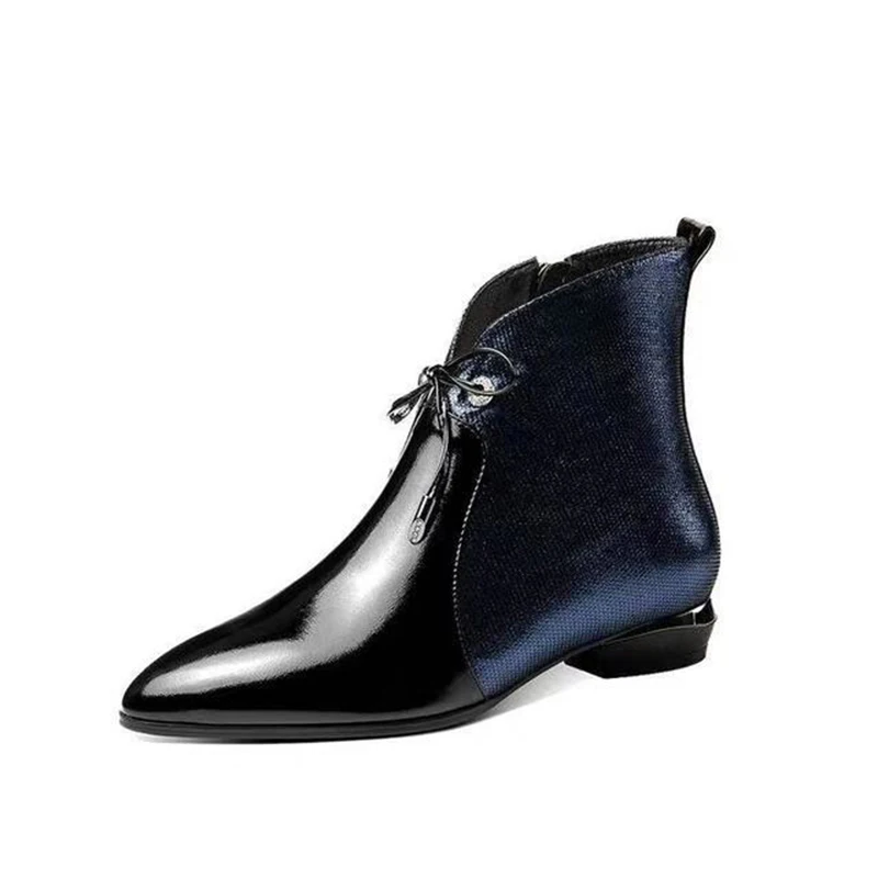 MCCKLE Woman Pointed Toe Lace Up Low Heels Ankle Boots Women's Patent Leather Short Boots Mixed Color Female Ladies Zip Shoes - Цвет: black