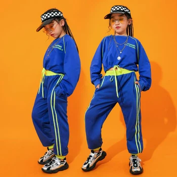

Children Hip Hop Clothing Blue Sweatshirt Tops Running Casual Pants for Girl Performance Jazz Dance Costume Clothes Wear Outfit